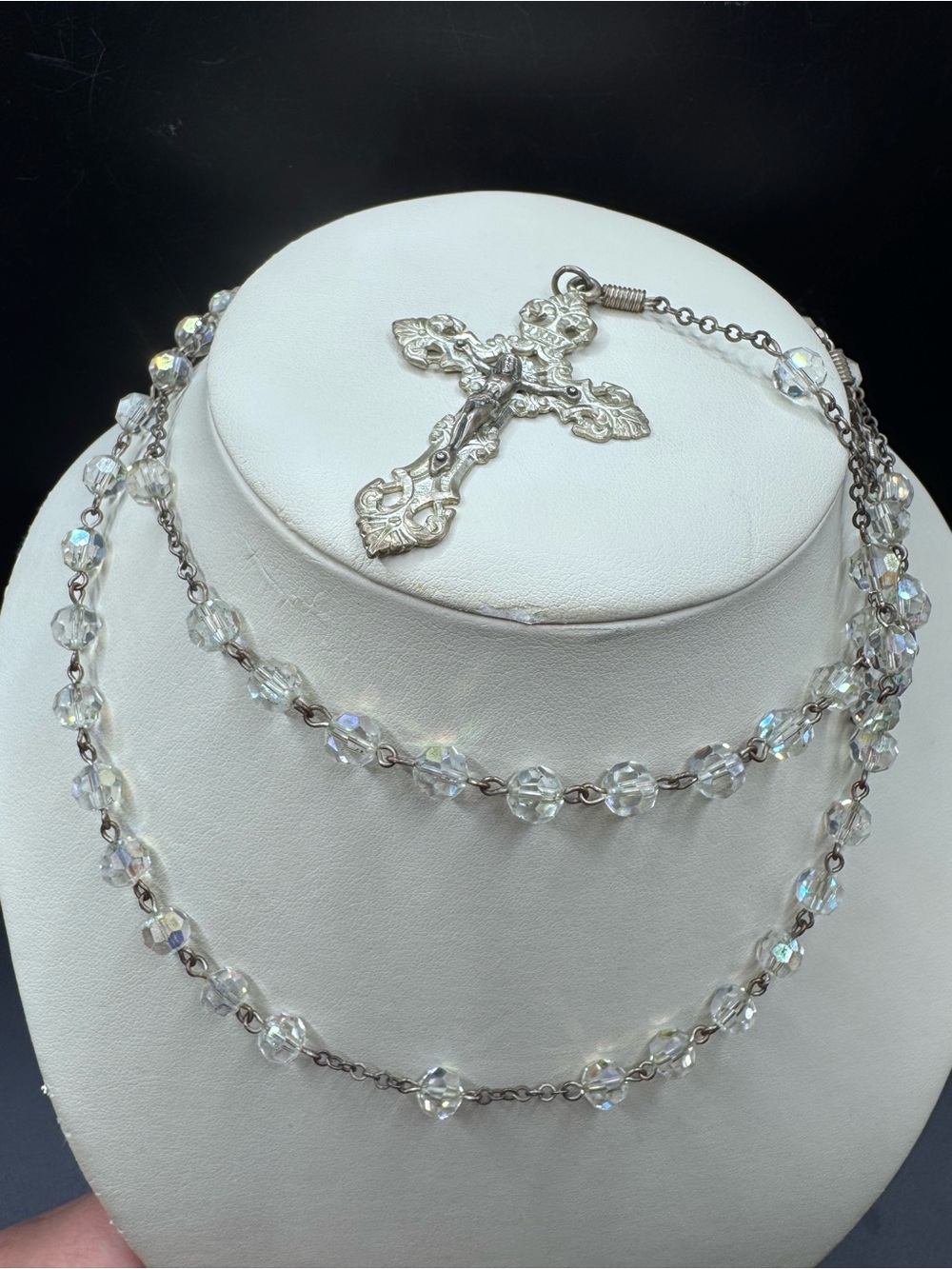 Vintage Sterling “AP” Iridescent Crystal Rosary-  Cross Necklace 24.5 inches